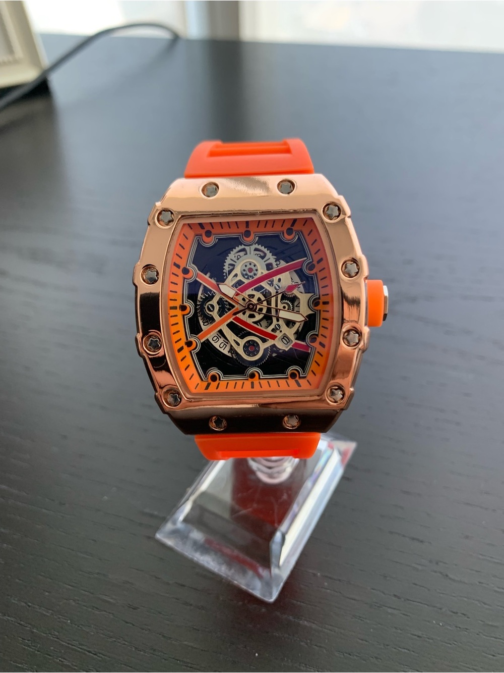 Rose Gold Skeleton Dial Watch with Orange Strap